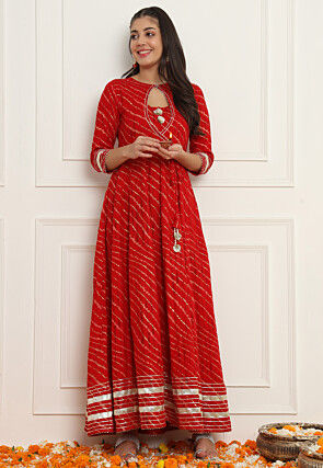 Leheriya Printed Rayon Long Kurta in Red