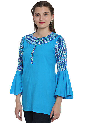 Leheriya Printed Rayon Top in Turquoise