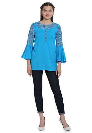 Leheriya Printed Rayon Top in Turquoise
