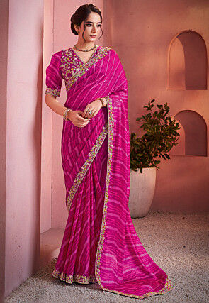 Leheriya Printed Satin Silk Saree in Fuchsia