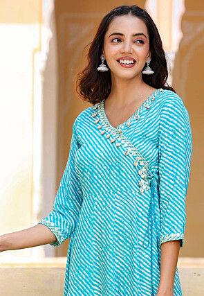 Leheriya Printed Viscose Rayon Long Kurta in Turquoise