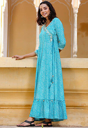 Leheriya Printed Viscose Rayon Long Kurta in Turquoise