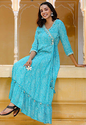 Leheriya Printed Viscose Rayon Long Kurta in Turquoise