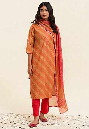 Leheriya Printed Viscose Rayon Pakistani Suit in Orange