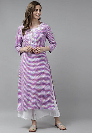 Leheriya Printed Viscose Rayon Straight Kurta in Light Purple