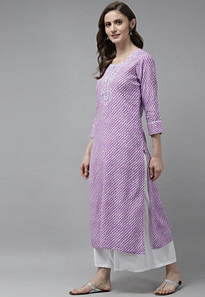 Leheriya Printed Viscose Rayon Straight Kurta in Light Purple