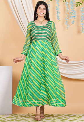 Leheriya PrintedPure Kota Silk Anarkali Suit in Green