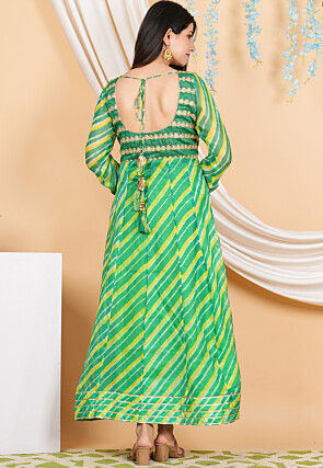 Leheriya PrintedPure Kota Silk Anarkali Suit in Green