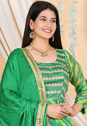 Leheriya PrintedPure Kota Silk Anarkali Suit in Green