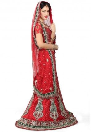 Hand Embroidered Velvet Lehenga in Red