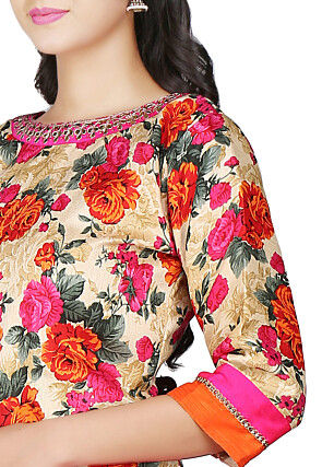 Printed Dupion Silk Lehenga in Fuchsia