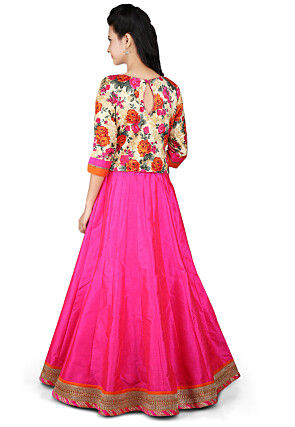 Printed Dupion Silk Lehenga in Fuchsia