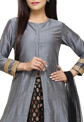 Plain Cotton Silk Lehenga in Grey and Black
