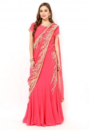 Embroidered Georgette Circular Lehenga in Coral