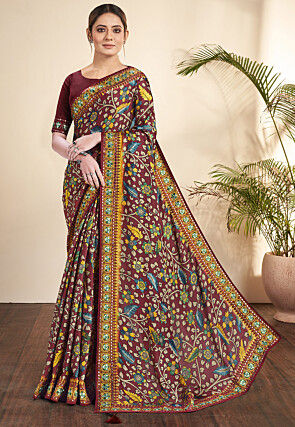 Madhubani Printed Art Silk Saree in Brown