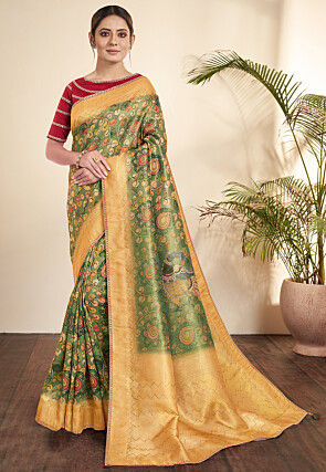 Madhubani Printed Art Silk Saree in Green