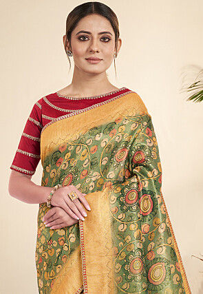 Madhubani Printed Art Silk Saree in Green