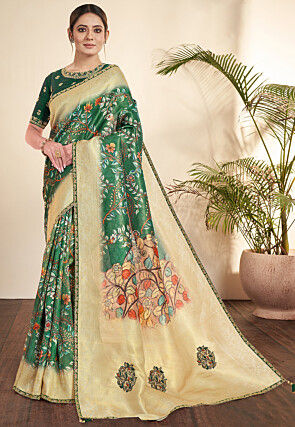 Madhubani Printed Art Silk Saree in Green