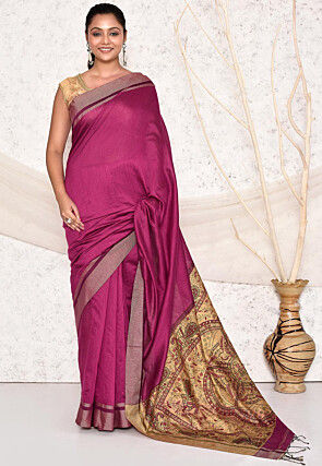 Madhubani Printed Cotton Silk Saree in Magenta