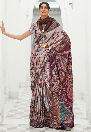 Madhubani Printed Crepe Saree in Light Grey and Wine
