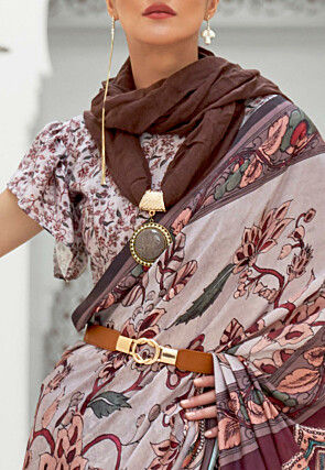 Madhubani Printed Crepe Saree in Light Grey and Wine