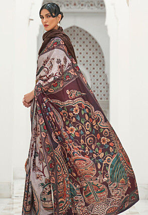 Madhubani Printed Crepe Saree in Light Grey and Wine