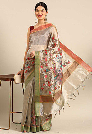 Madhubani Printed Tissue Saree in Light Grey