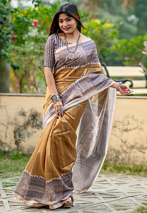 Madhubani Printed Tussar Silk Saree in Beige