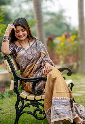 Madhubani Printed Tussar Silk Saree in Beige