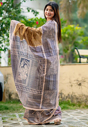 Madhubani Printed Tussar Silk Saree in Beige