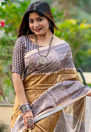 Madhubani Printed Tussar Silk Saree in Beige