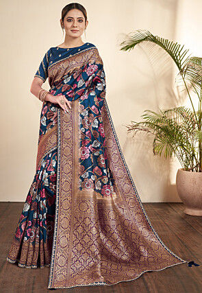 Madhubani Printed Tussar Silk Saree in Blue