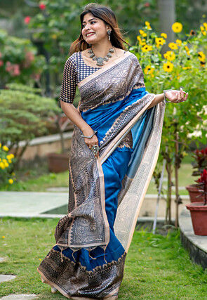 Madhubani Printed Tussar Silk Saree in Blue