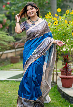 Madhubani Printed Tussar Silk Saree in Blue