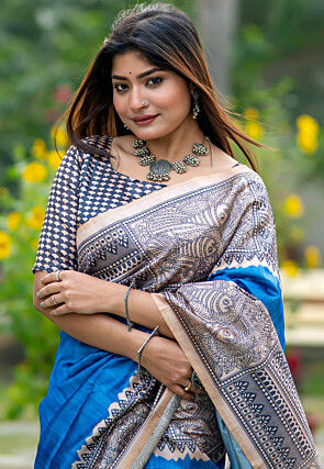Madhubani Printed Tussar Silk Saree in Blue