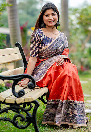 Madhubani Printed Tussar Silk Saree in Orange