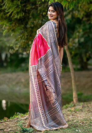 Madhubani Printed Tussar Silk Saree in Pink