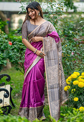 Madhubani Printed Tussar Silk Saree in Purple
