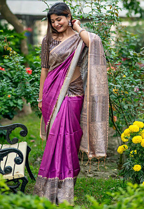 Madhubani Printed Tussar Silk Saree in Purple