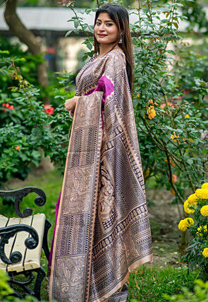 Madhubani Printed Tussar Silk Saree in Purple