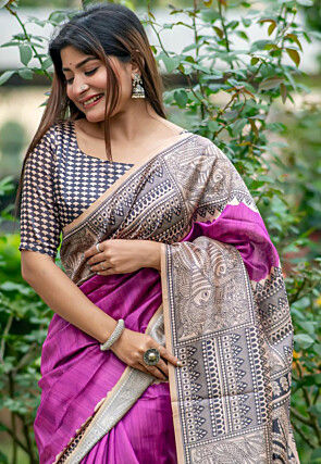 Madhubani Printed Tussar Silk Saree in Purple