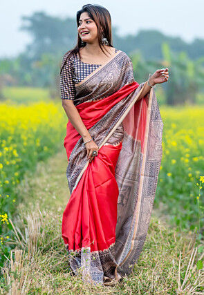 Madhubani Printed Tussar Silk Saree in Red
