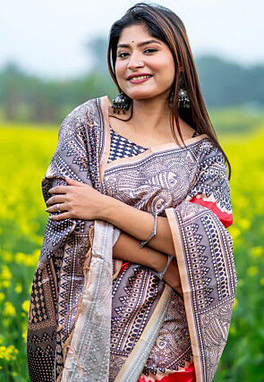 Madhubani Printed Tussar Silk Saree in Red