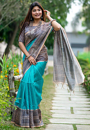 Madhubani Printed Tussar Silk Saree in Turquoise