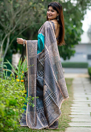 Madhubani Printed Tussar Silk Saree in Turquoise