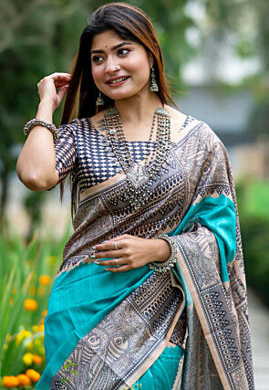 Madhubani Printed Tussar Silk Saree in Turquoise
