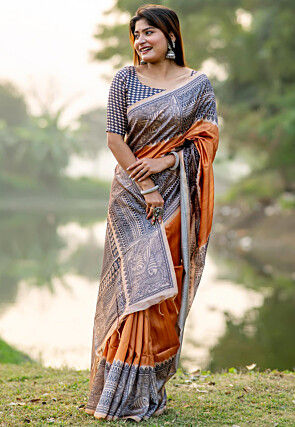 Madhubani Printed Tussar Silk Saree in Yellow