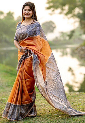 Madhubani Printed Tussar Silk Saree in Yellow