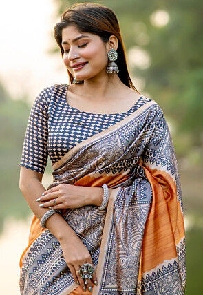 Madhubani Printed Tussar Silk Saree in Yellow