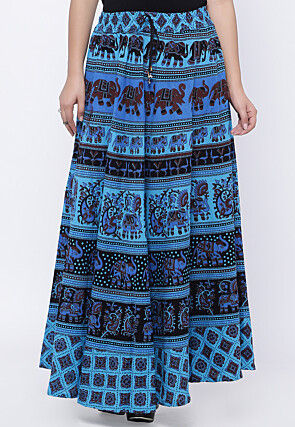 Mandala Printed Pure Cotton Skirt in Blue